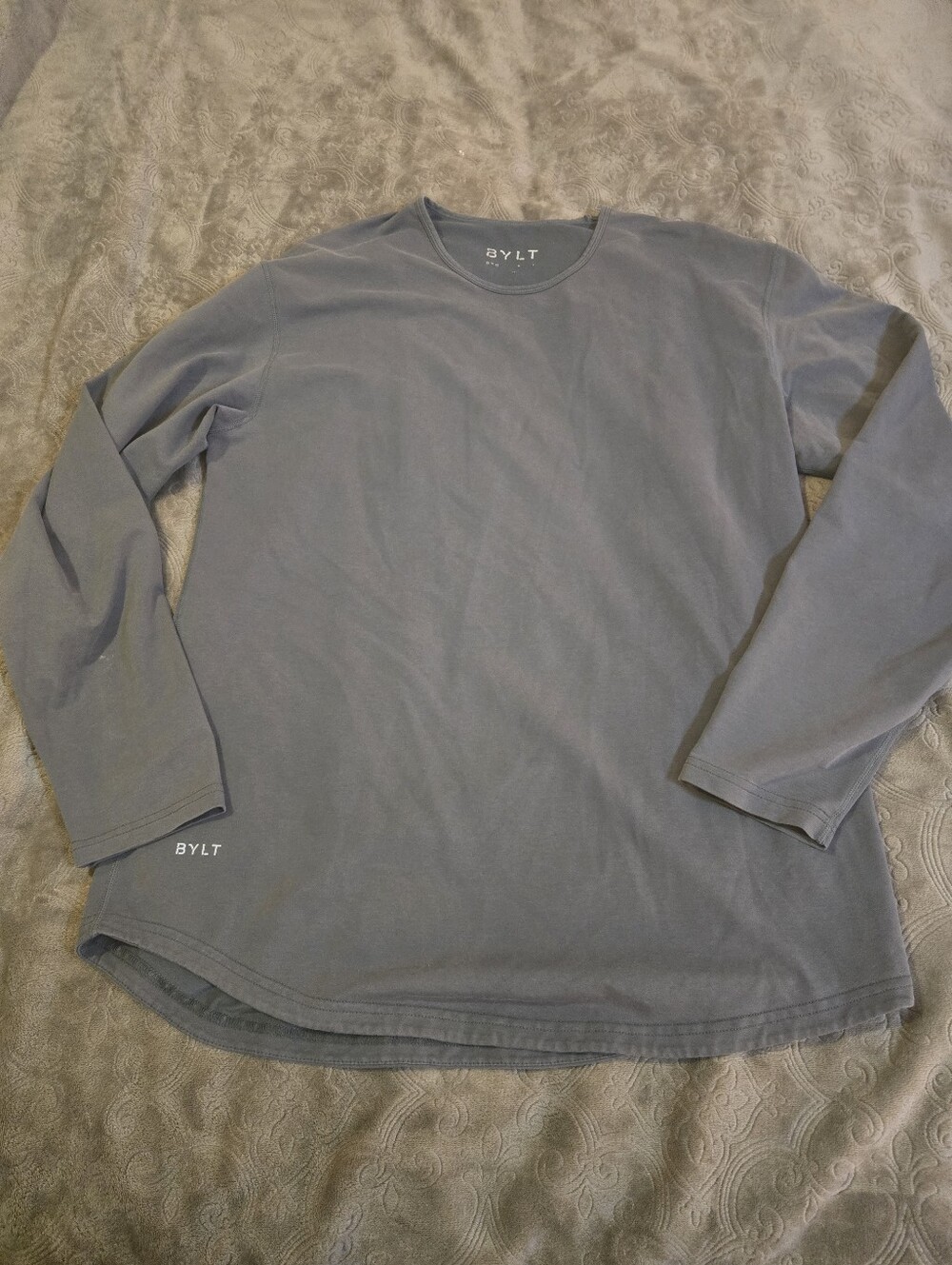 BYLT Basics Gray Drop Cut Long Sleeve Tee Mens L Curved Hem
